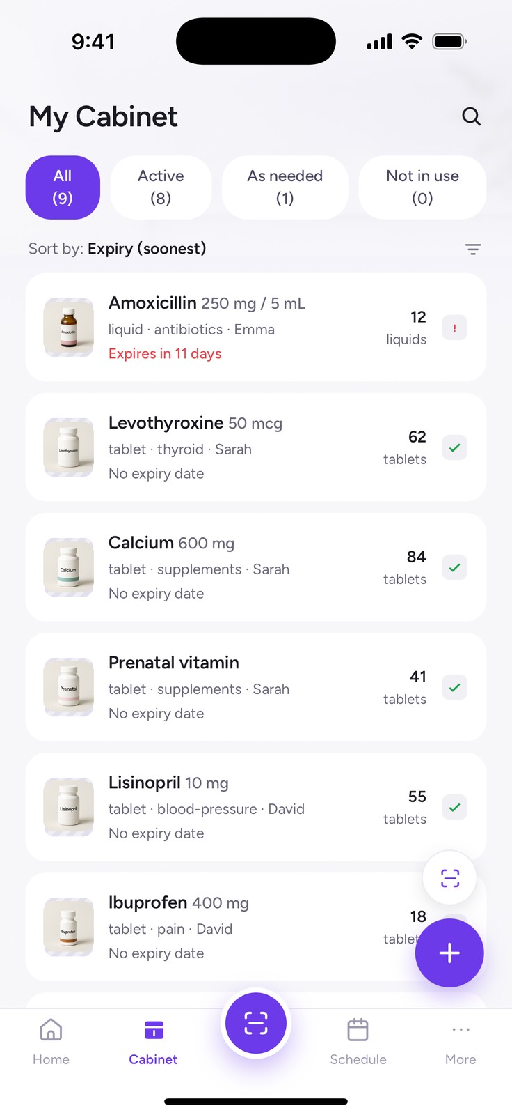 The My FamilyRx cabinet: every medicine with a photo, owner, count and expiry
