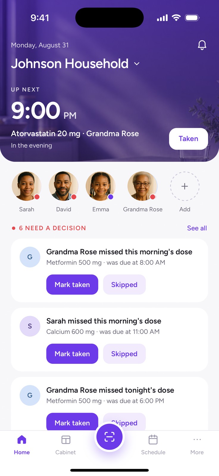 The My FamilyRx home screen: Johnson Household, next dose, and decisions that need attention