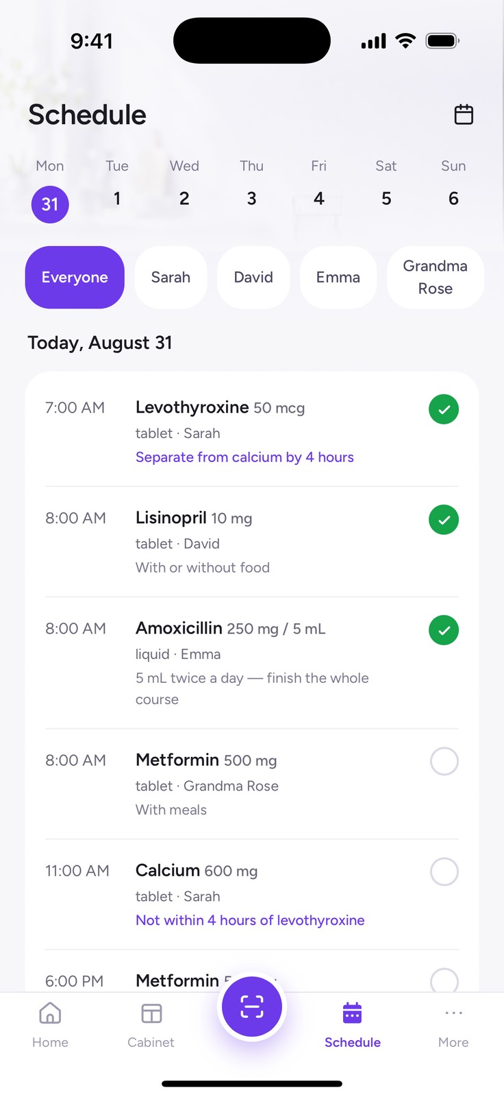 The My FamilyRx schedule: doses timed apart across the whole family